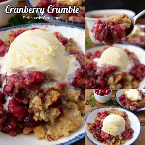 A three collage photo of cranberry crumble.