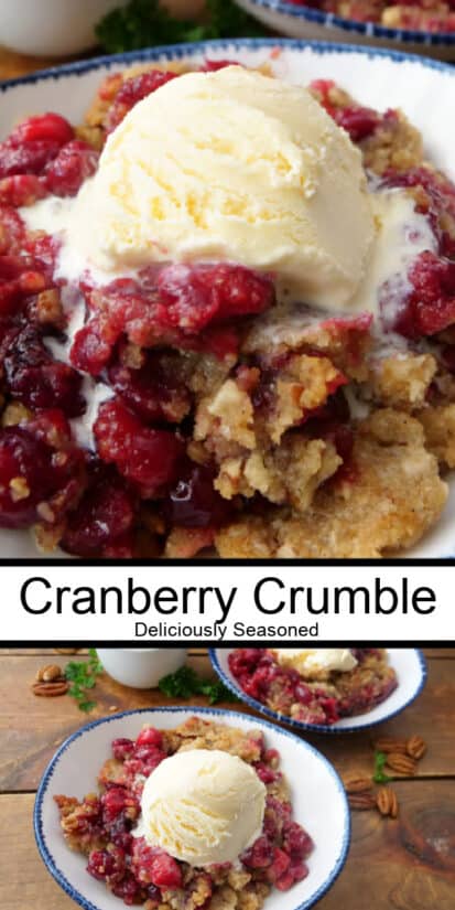 A double collage photo of cranberry crumble in a white bowl with blue trim.