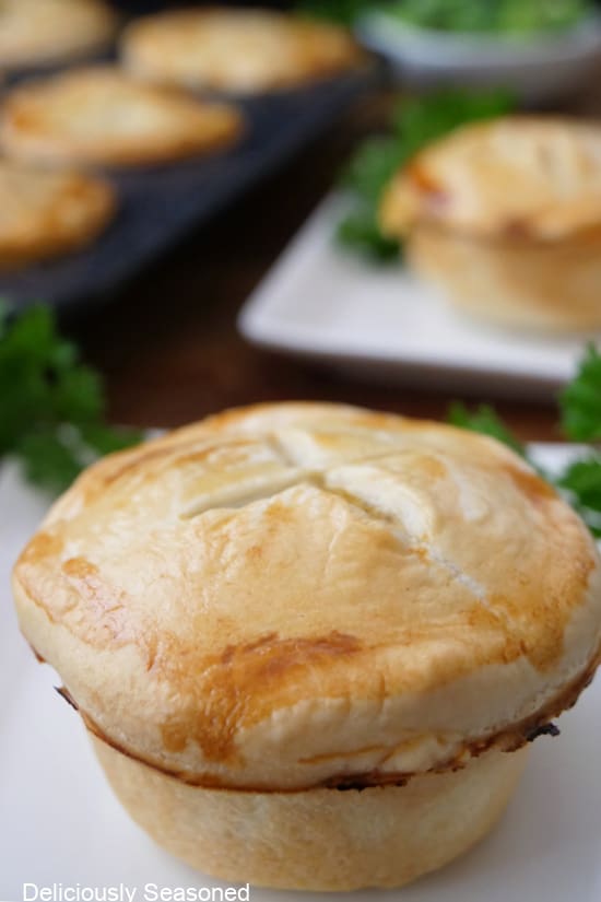 A close up of a mini pot pie on a white plate.