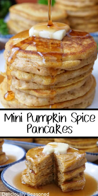 A double collage photo of mini pumpkin spice pancakes.