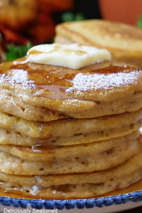 A stack of five mini pumpkin pancakes.