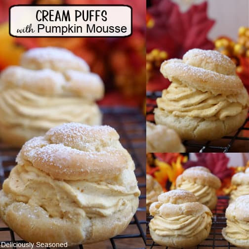 A three collage photo of pumpkin mousse filled cream puffs.