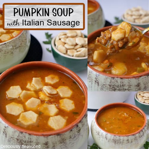 A three collage photo of pumpkin soup with Italian sausage.