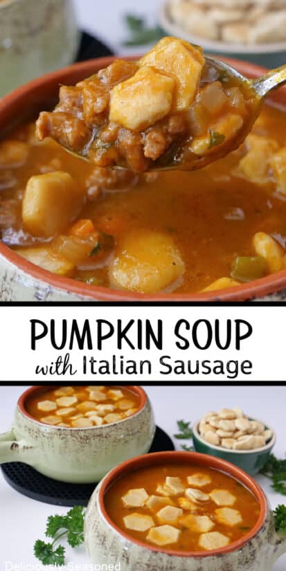 A double collage photo of pumpkin sausage soup.