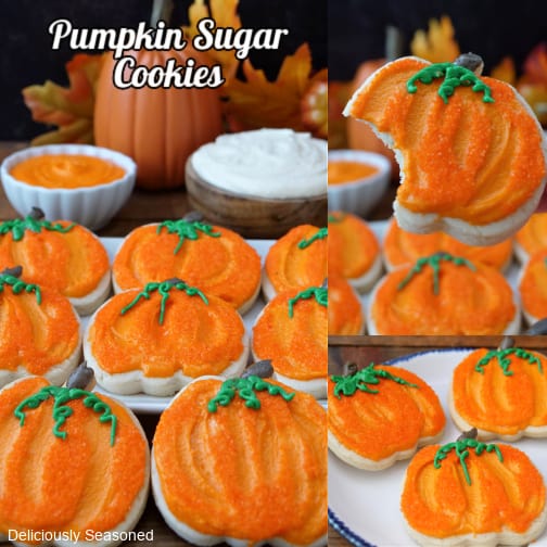 A three collage photo of pumpkin sugar cookies with orange frosting.