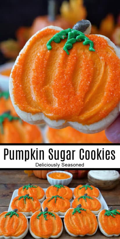 A double collage photo of pumpkin sugar cookies with orange frosting on them.