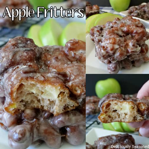 A 3 collage photo of close up shots of two apple fritters on white plates, with a bite taken out of one of them.