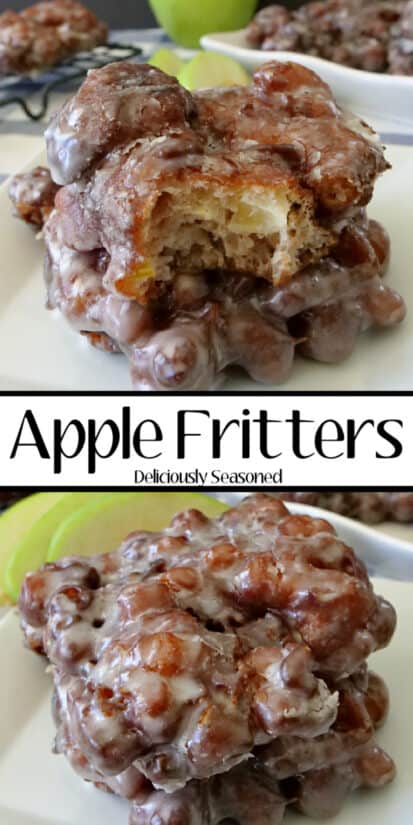 A double collage photo with two apple fritters on a white plate with a bite taken out of one in the top photo and then two apple fritters on a white plate in the bottom photo.