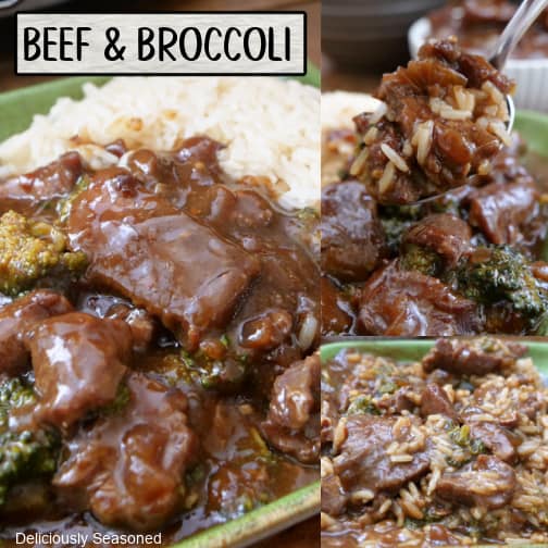 A three collage photo of crock pot beef and broccoli with rice.