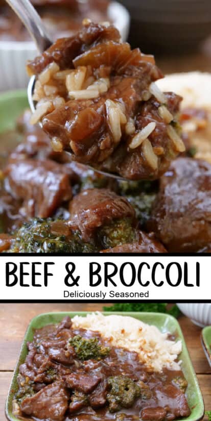 A double collage photo of beef and broccoli.