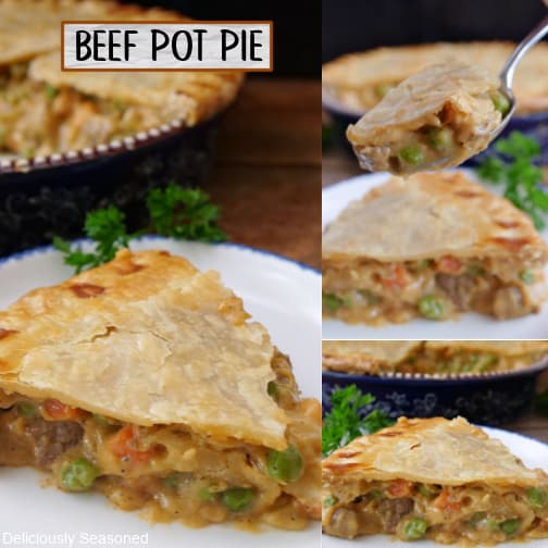 A three collage photo of beef pot pie.