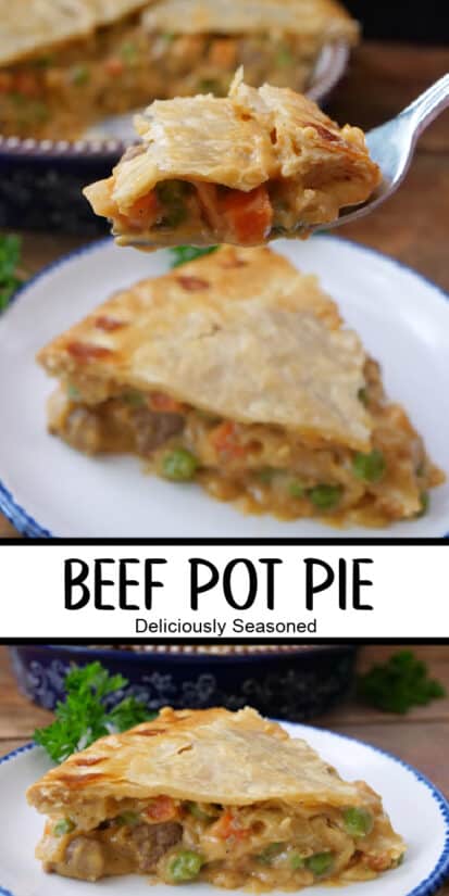 A double collage photo of a slice of beef pot pie on a white plate with blue trim.