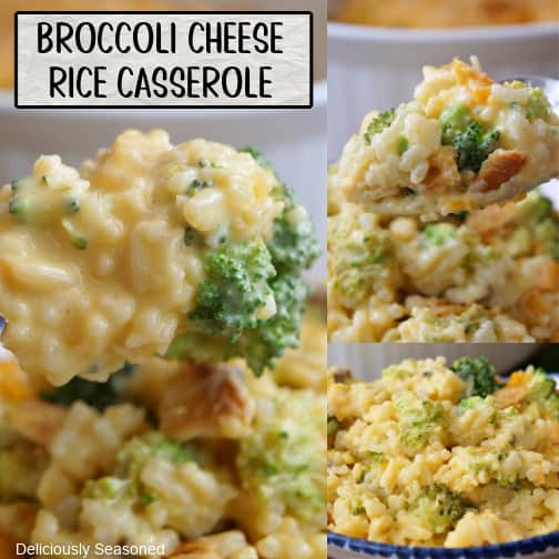 A three collage photo of broccoli cheese rice casserole.