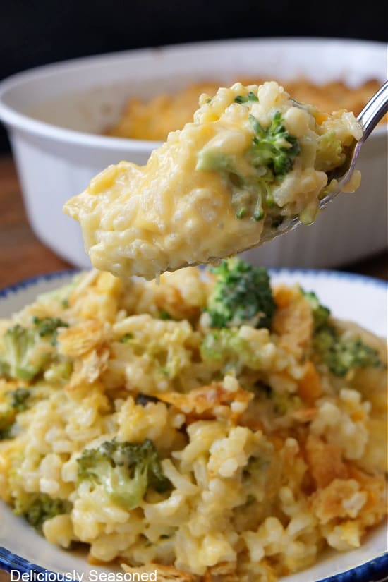 A spoonful of cheesy rice and broccoli.