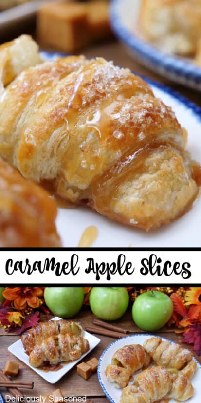 A double collage photo of apple slices wrapped with puff pastry strips and baked.