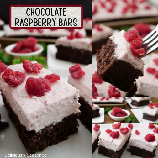 A three collage photo of chocolate raspberry bars.