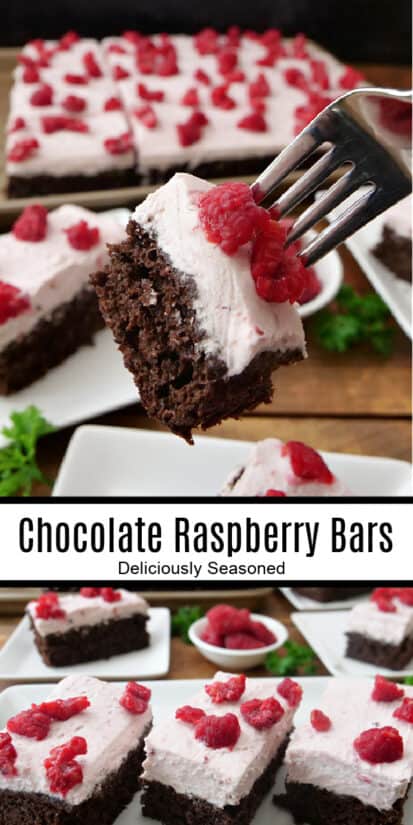 A double collage photo of chocolate raspberry bars with raspberry whipped cream frosting and chopped raspberries on top.