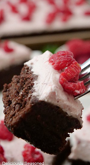 A close up of a bite of chocolate raspberry bar on a fork.