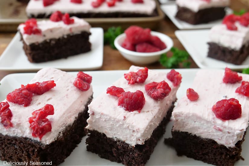 A horizontal photo of chocolate raspberry bars on white plates.