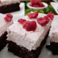 A chocolate raspberry bar on a white plate.