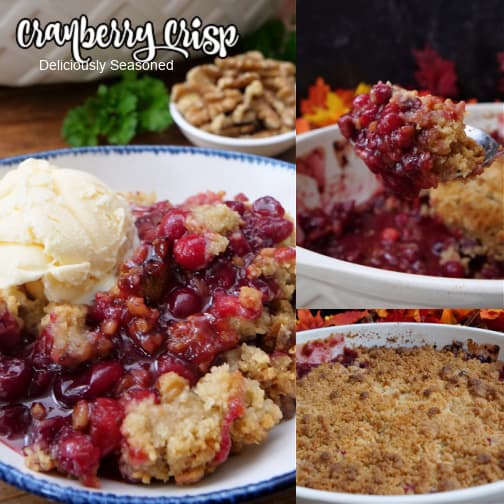 A three collage photo of cranberry crisp.