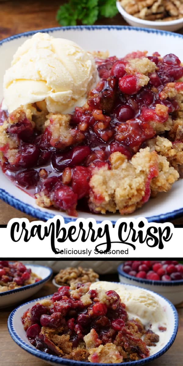 A close up of a bowl filled with a serving of homemade cranberry crisp.