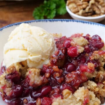 A white bowl with blue trim filled with a serving of cranberry crisp with a scoop of vanilla ice cream.