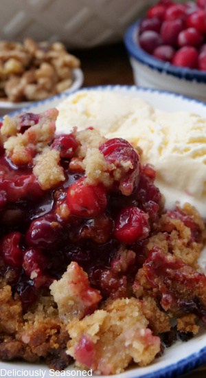 A close up of cranberry crispy and vanilla ice cream in a white bowl with blue trim.