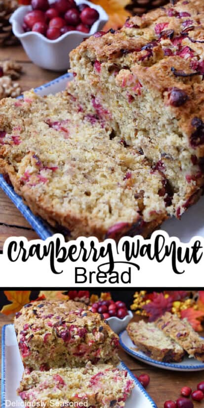 A double collage photo of cranberry quick bread.