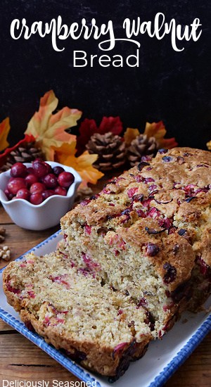 A photo of a cranberry loaf on a white plate with blue trim.