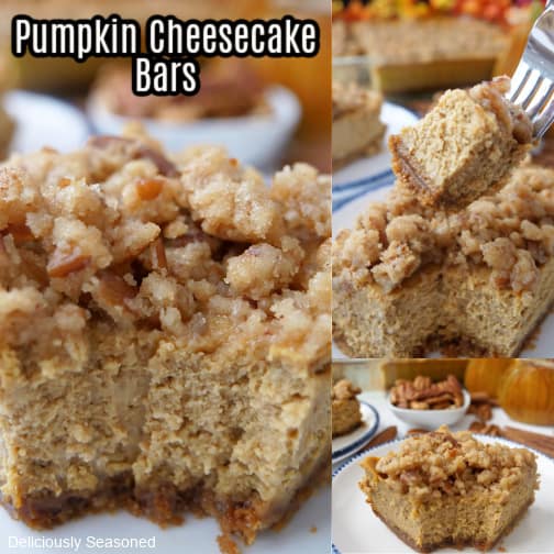 A three collage photo of pumpkin cheesecake bars.