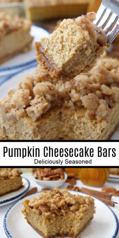 A double collage photo of pumpkin cheesecake bars.