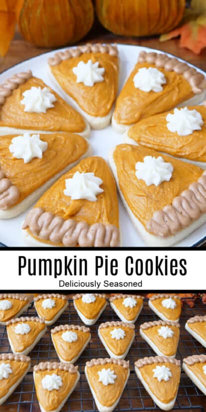 A double collage photo of a white round plate with seven pumpkin pie shaped sugar cookies on it.