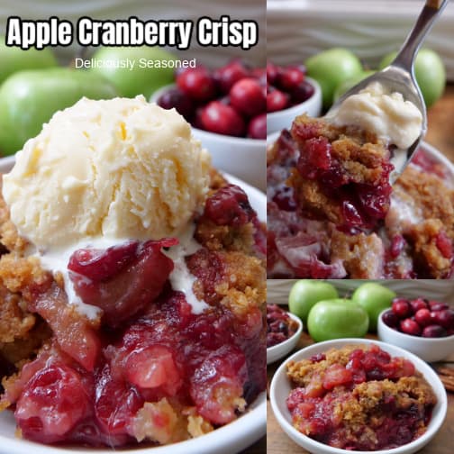 A three collage photo of apple crisp with cranberries.