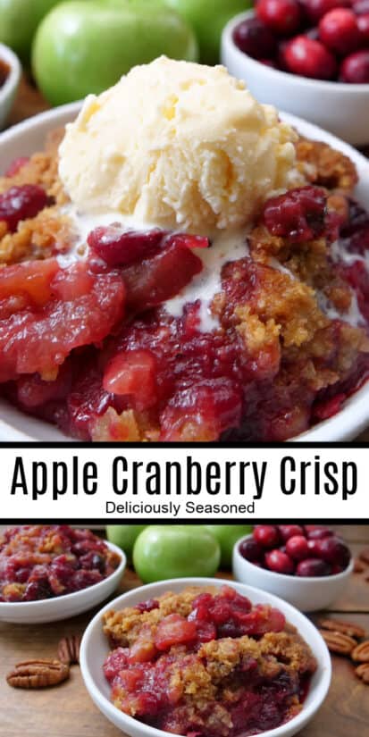 A double collage photo of apple cranberry crisp with vanilla ice cream on top.