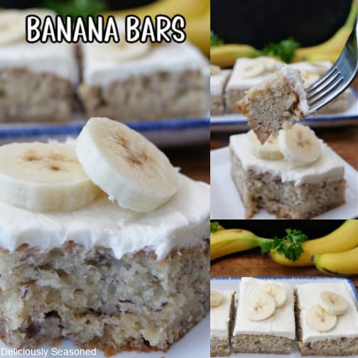 A three collate photo of banana bars with cream cheese frosting.