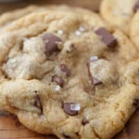 A close up of a brown butter chocolate chip cookie.