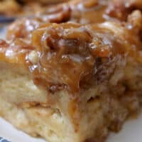 A close up of a piece of bread pudding.