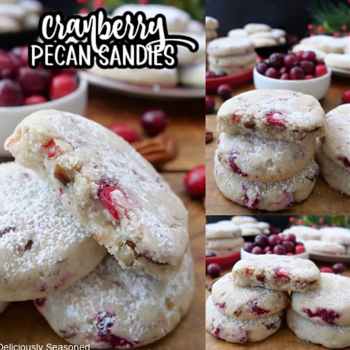 A three collage photo of cranberry pecan sandie cookies.