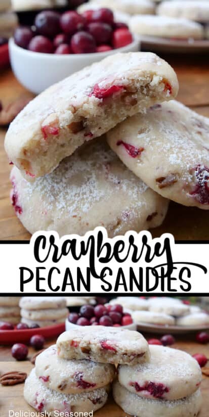 A double collage photo of pecan sandies with fresh cranberries.
