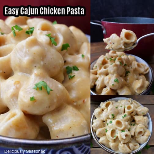 A three collage photo of easy Cajun chicken pasta.