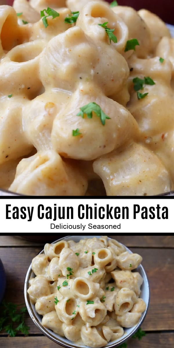 A double collage photo of Easy Cajun chicken pasta.