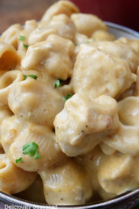 A close up picture of creamy pasta and chicken chunks.