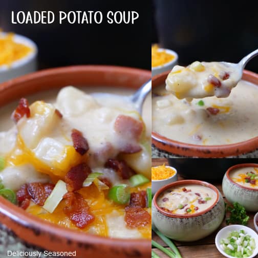 A three collage photo of potato soup.