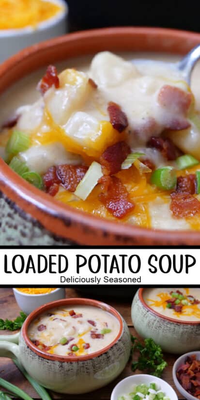 A double collage photo of loaded potato soup filled with potatoes, bacon, cheese and green onions.