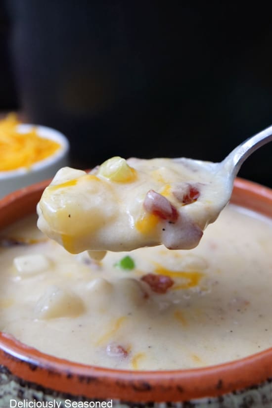 A spoonful of potato soup.