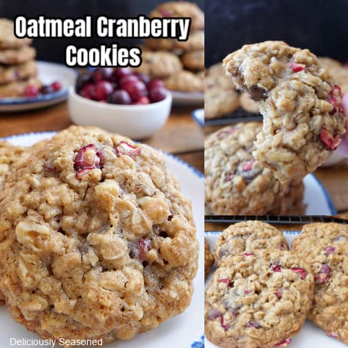 A three collage photo of oatmeal cranberries cookies.