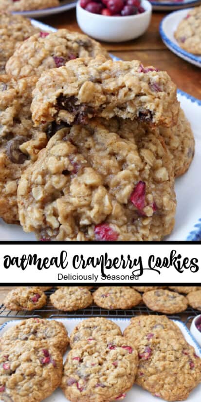 A double collage photo of oatmeal cranberry cookies made with dark chocolate chips and walnuts.
