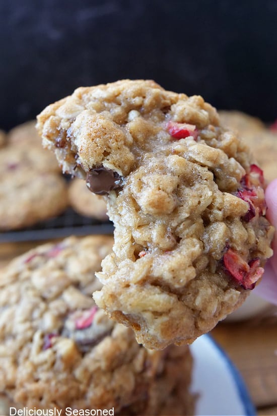 A close up of an oatmeal cookie with a big bite taken out of it.