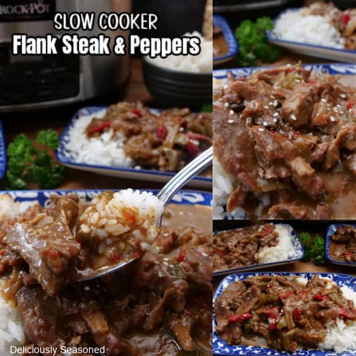 A three collage photo of slow cooker flank steak and peppers.